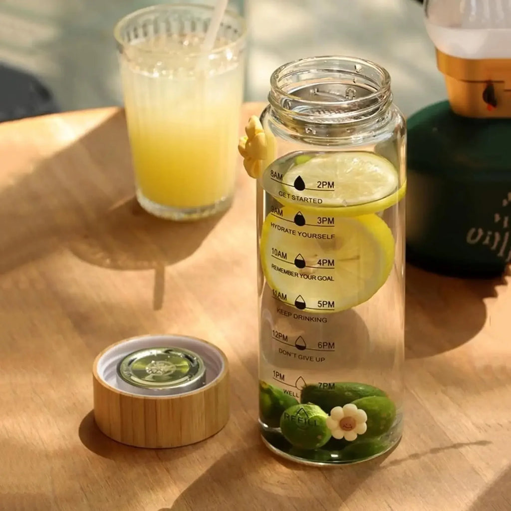 Large Glass Water Bottle with Time Scale