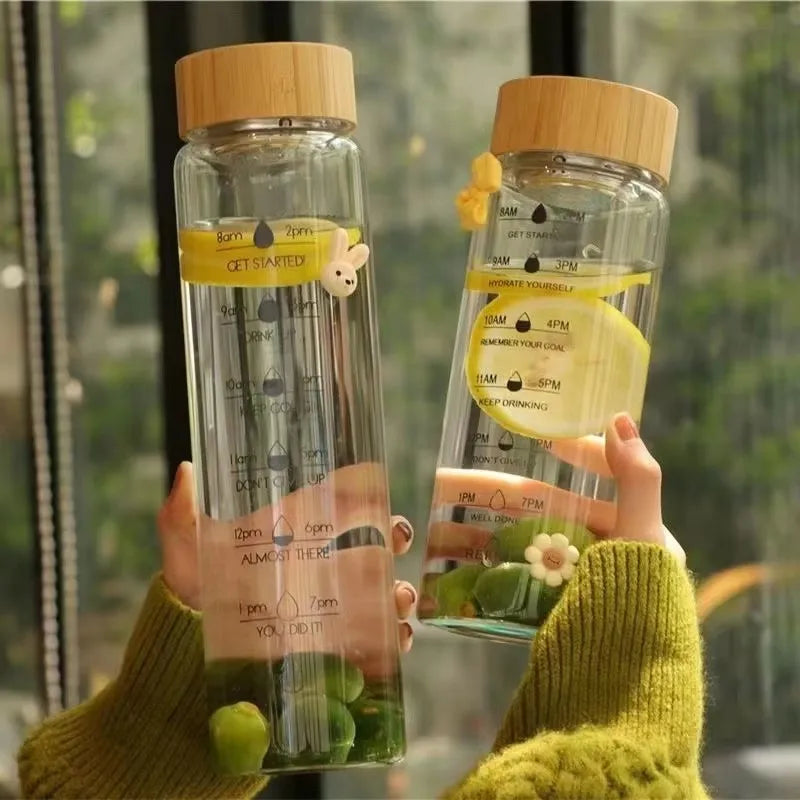 Large Glass Water Bottle with Time Scale
